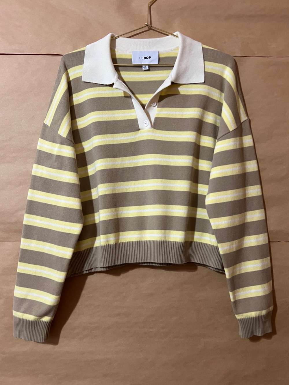 Le Bop | Zadie Crop Polo Almond Stripe Rugby Shirt Button Collared Top Size M